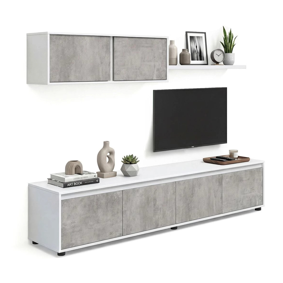 Salón con mueble de TV y estantería en blanco artik y gris cemento 200 cm Arlet Blanco Artik (Blanco Mate) - Gris Cemento