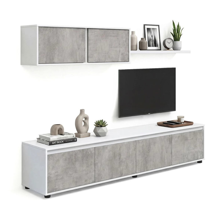 Salón con mueble de TV y estantería en blanco artik y gris cemento 200 cm Arlet Blanco Artik (Blanco Mate) - Gris Cemento