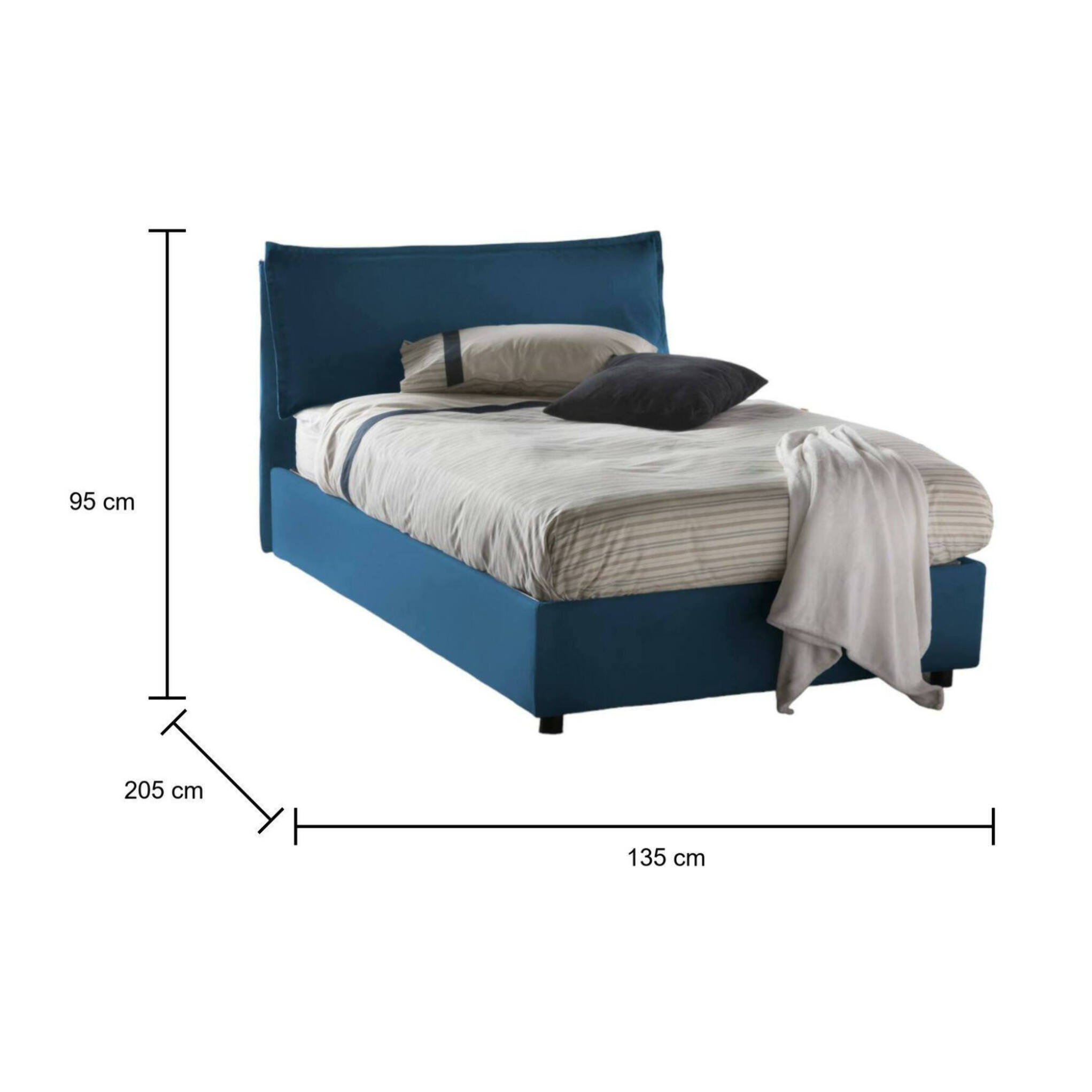 Letto piazza e mezza Asso, Letto contenitore con rivestimento in tessuto, 100% Made in Italy, Apertura frontale, adatto per materasso Cm 120x190, Blu