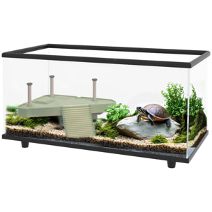 PawHut Acuario para Tortugas 50L, Terrario de Tortugas Pequeñas con Plataforma, Rampa, Drenaje Fácil y Termómetro Adhesivo, 60x30x32 cm, Transparente