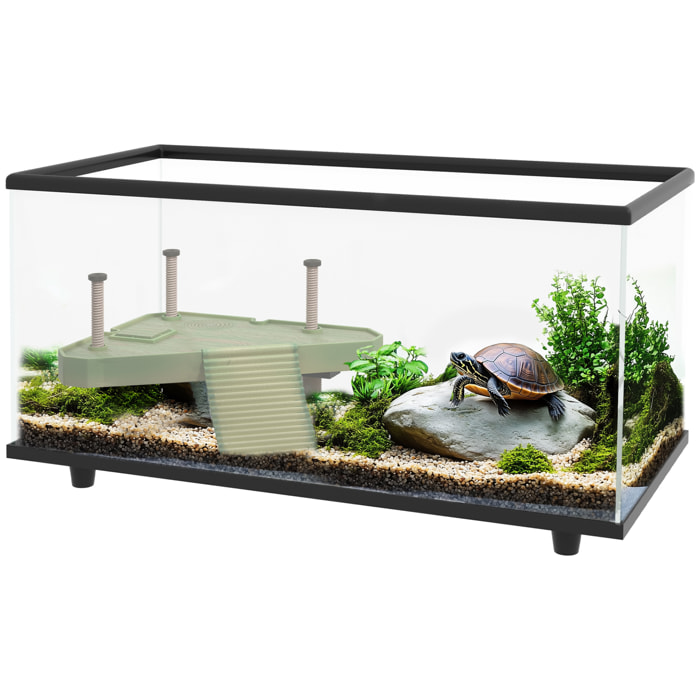 PawHut Acuario para Tortugas 50L, Terrario de Tortugas Pequeñas con Plataforma, Rampa, Drenaje Fácil y Termómetro Adhesivo, 60x30x32 cm, Transparente