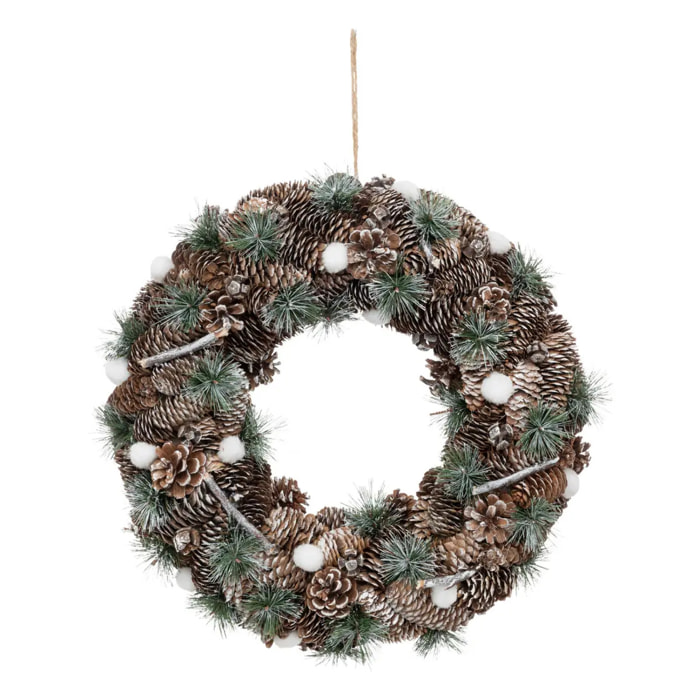 Couronne avec pommes de pin et branches pailletées 50cm