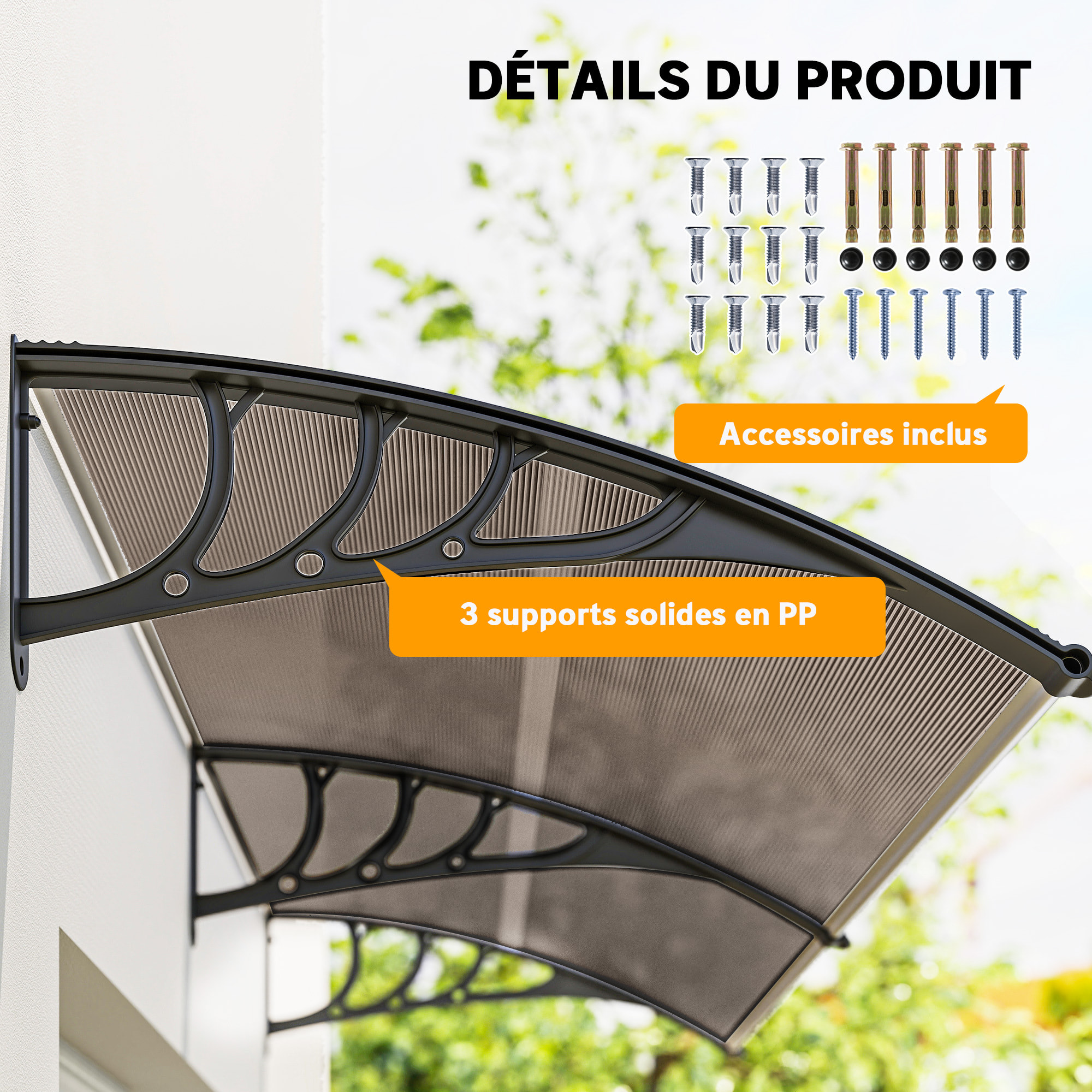 Auvent marquise de porte design voûté arrondi dim. 195L x 80l x 23H cm polycarbonate fumé brun plastique noir