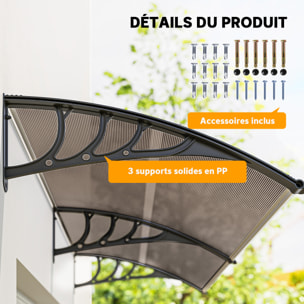Auvent marquise de porte design voûté arrondi dim. 195L x 80l x 23H cm polycarbonate fumé brun plastique noir