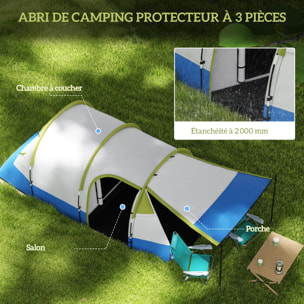 Tente de camping 2-3 pers. porche étanche 2000 mm 3 portes sac de transport vert