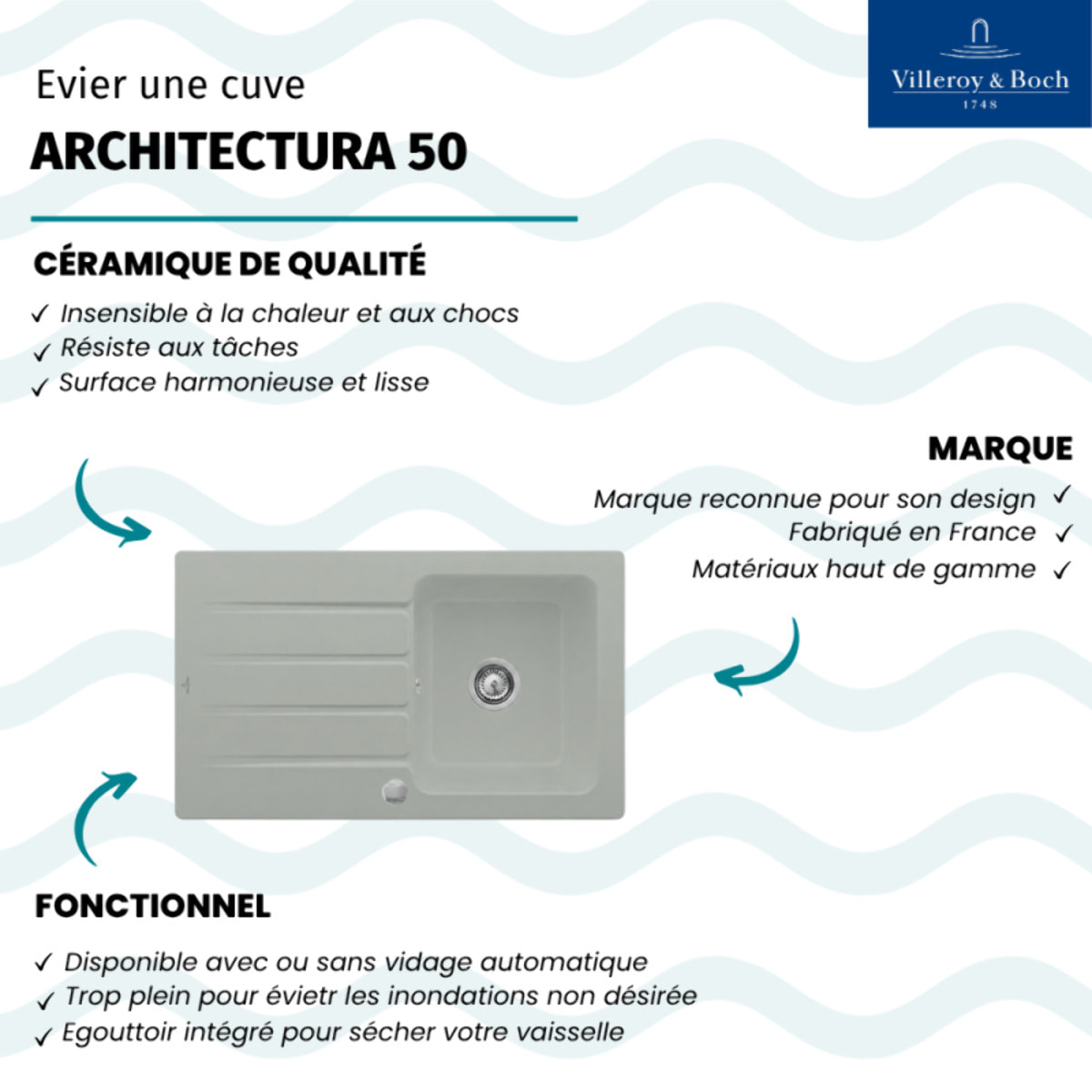 Evier 86 x 51 cm Architectura 50 Fossile vidage automatique inclus