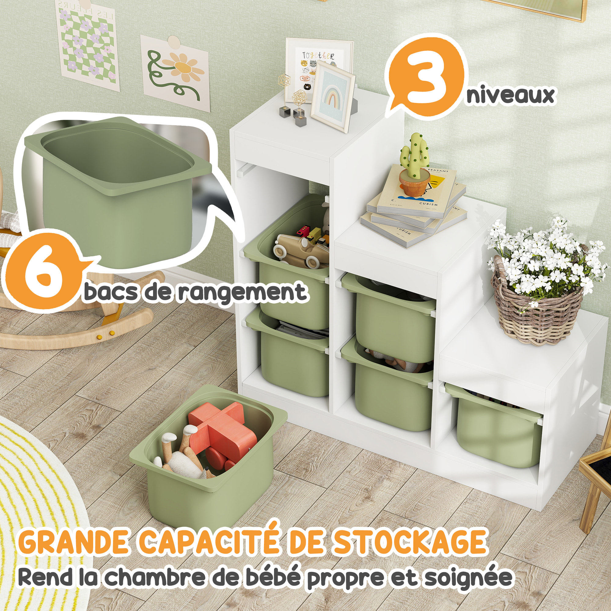 Rangement enfant - combinaison structure + bacs - coffre à jouet dim. 96L x 38l x 90H cm - blanc vert