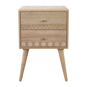 Table de chevet en bois de manguier gravé 2 tiroirs - Tiny