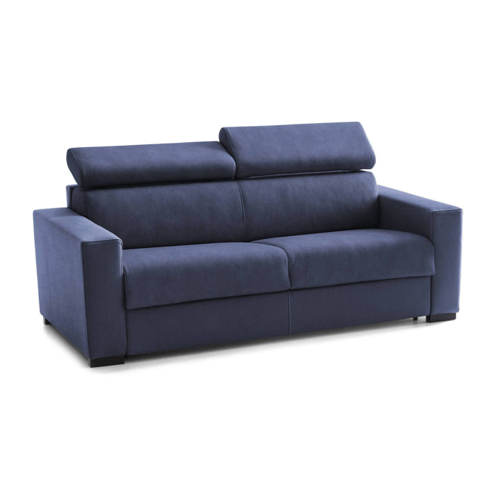 Divano letto 3 posti Algo, Sofà Soggiorno con apertura girevole, Poggiatesta regolabili e Braccioli slim, 100% Made in Italy, Cm 200x95h85, Blu