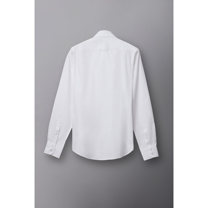 Camicia Uomo 2 Bottoni Button Down Slim Jacquard Fantasia Bianco e Bianco