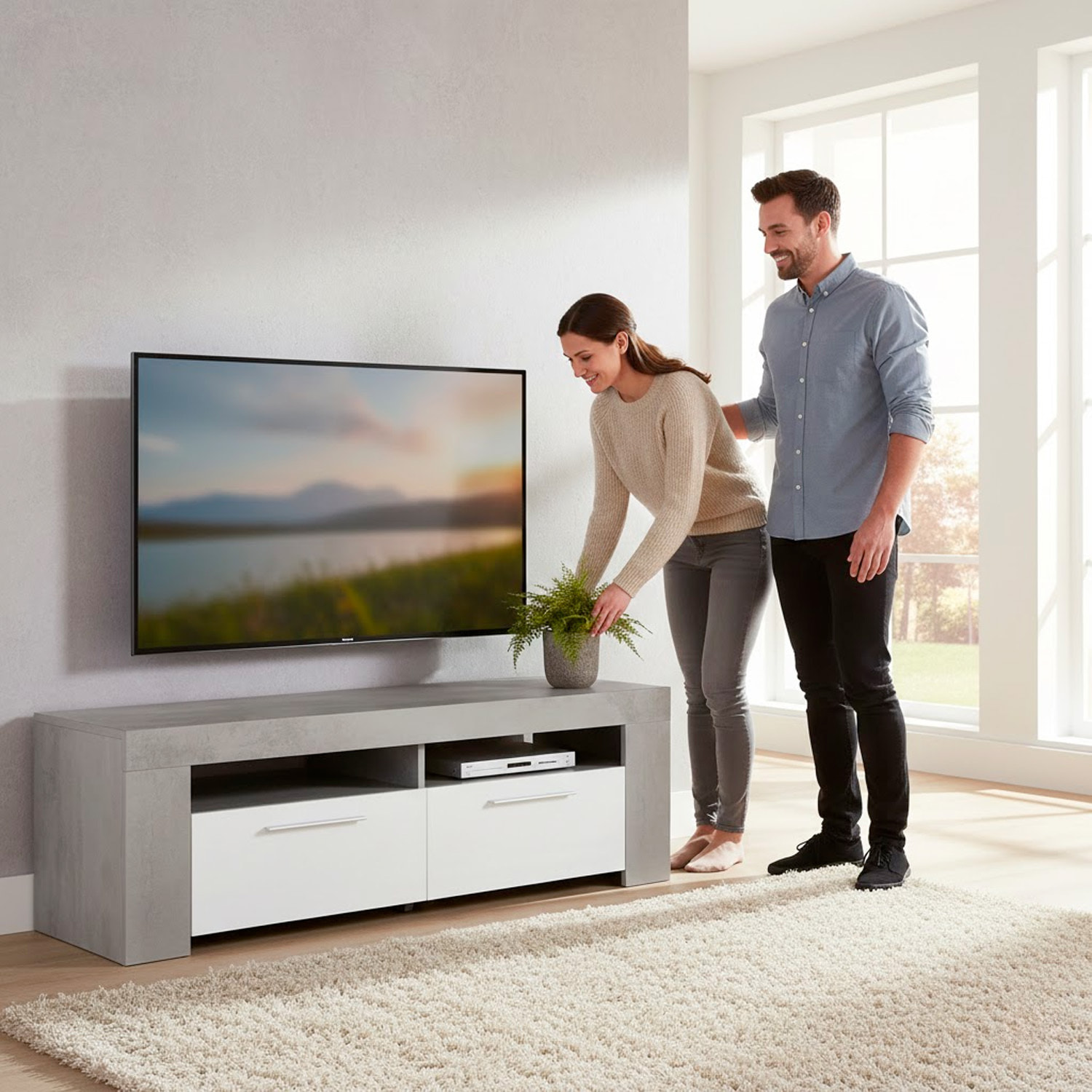 Mobile TV Con 4 Vani Portaoggetti Modulo Porta TV Moderno Con Ante E Vani A Vista Per Soggiorno Supporto TV 120x42x40 Cm Bianco Lucido Grigio Cemento