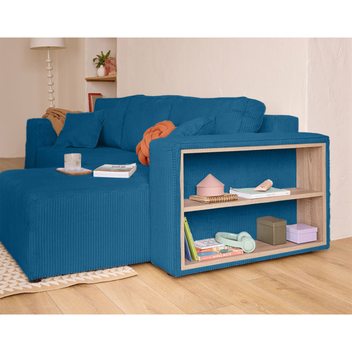 Topaze - canapé d'angle réversible 4 places - convertible avec coffre, tablette et poufs - en velours côtelé - Bleu