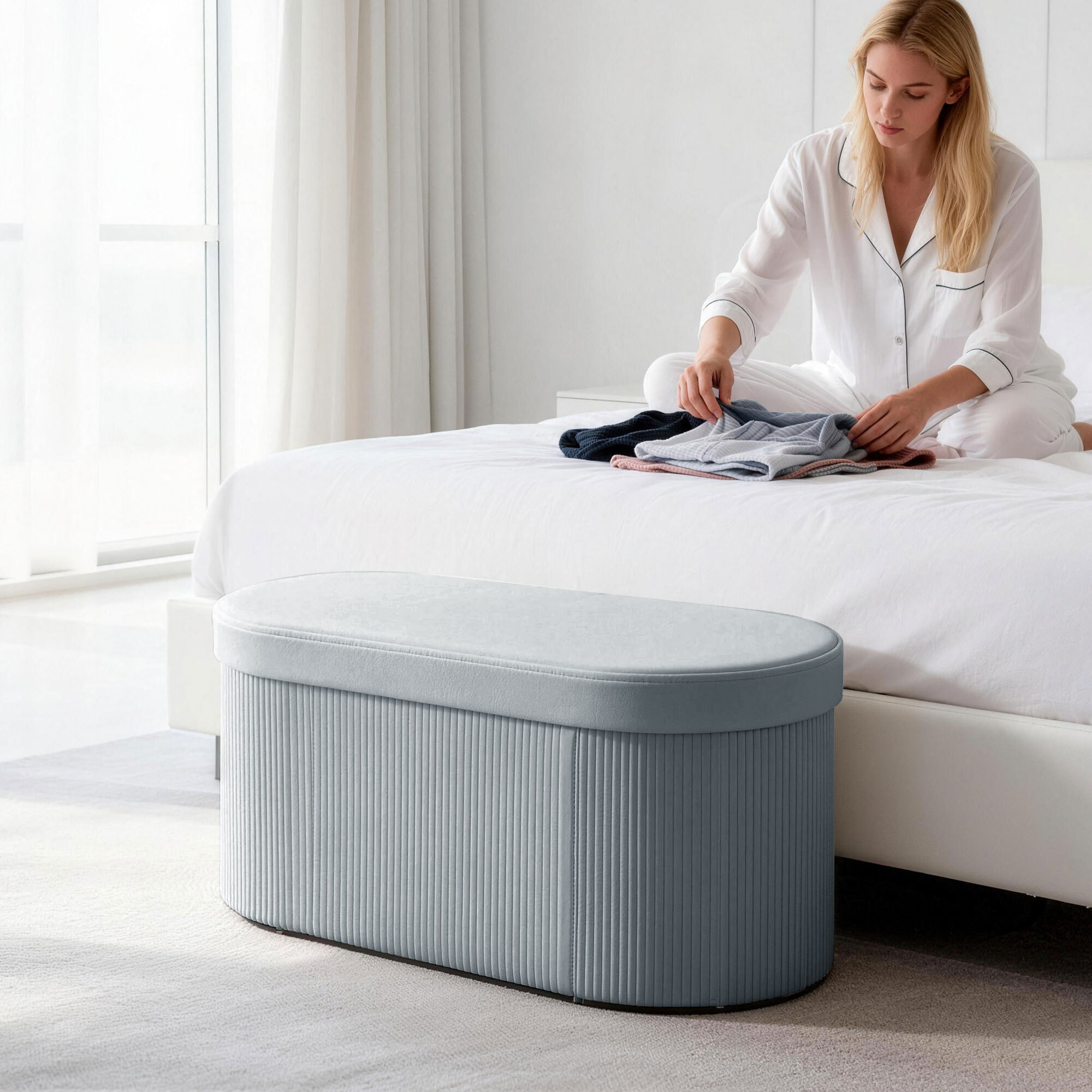 Puff Almacenaje, Banco Almacenaje Plegable, 72 L, 76x38x35 cm, Tapizado en Terciopelo, Baúl de Almacenamiento, Carga 120 kg, Taburete para Sala de Estar, Dormitorio, Entrada, Gris Oscuro