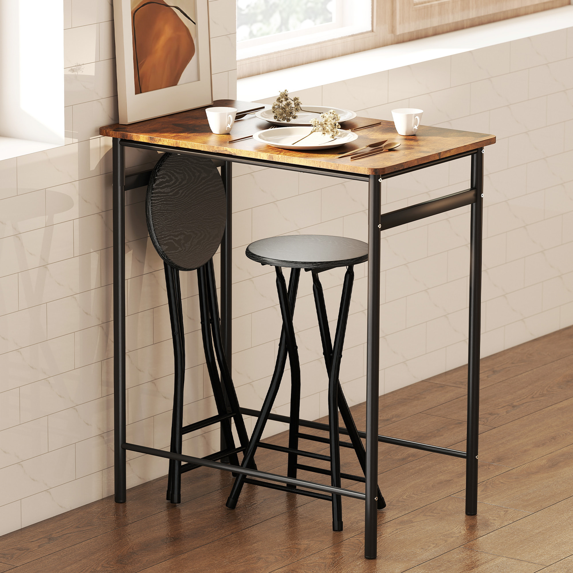 Lot de 2 tabourets de bar pliables assise ronde effet bois