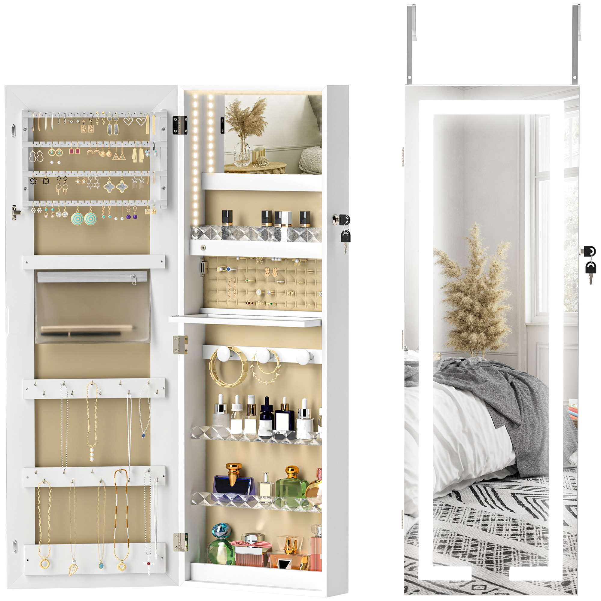 Espejo Joyero de Pared Espejo Joyero Colgante con Luces LED y Cerradura Espejo Integrada Armario de Joyas para Colgar en la Pared o en la Puerta Blanco