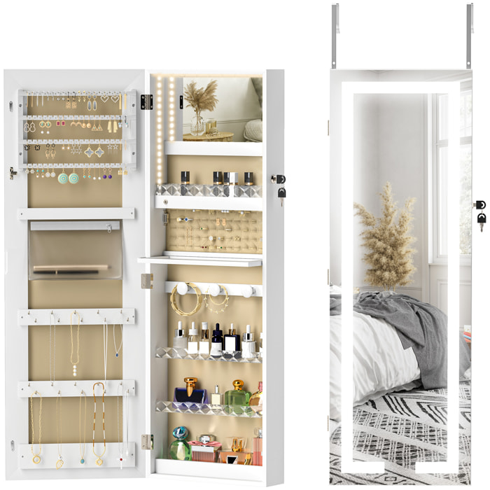 Espejo Joyero de Pared Espejo Joyero Colgante con Luces LED y Cerradura Espejo Integrada Armario de Joyas para Colgar en la Pared o en la Puerta Blanco