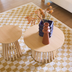 Set de 2 tables basses rondes plateau effet bois chêne et pieds en bois de sapin. Ø40cm et Ø60cm