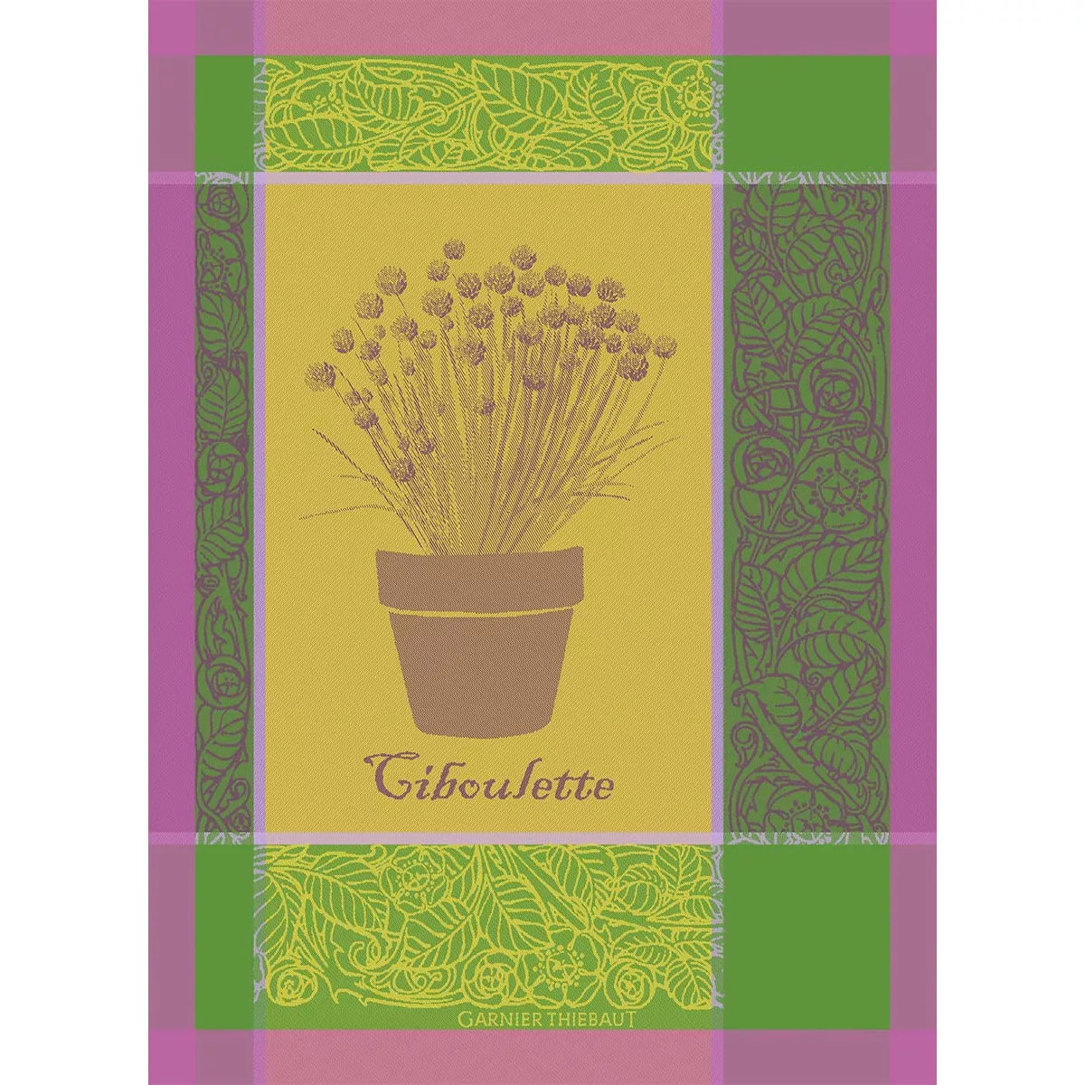 Torchon pur coton motif jacquard rose vert Ciboulette menthol