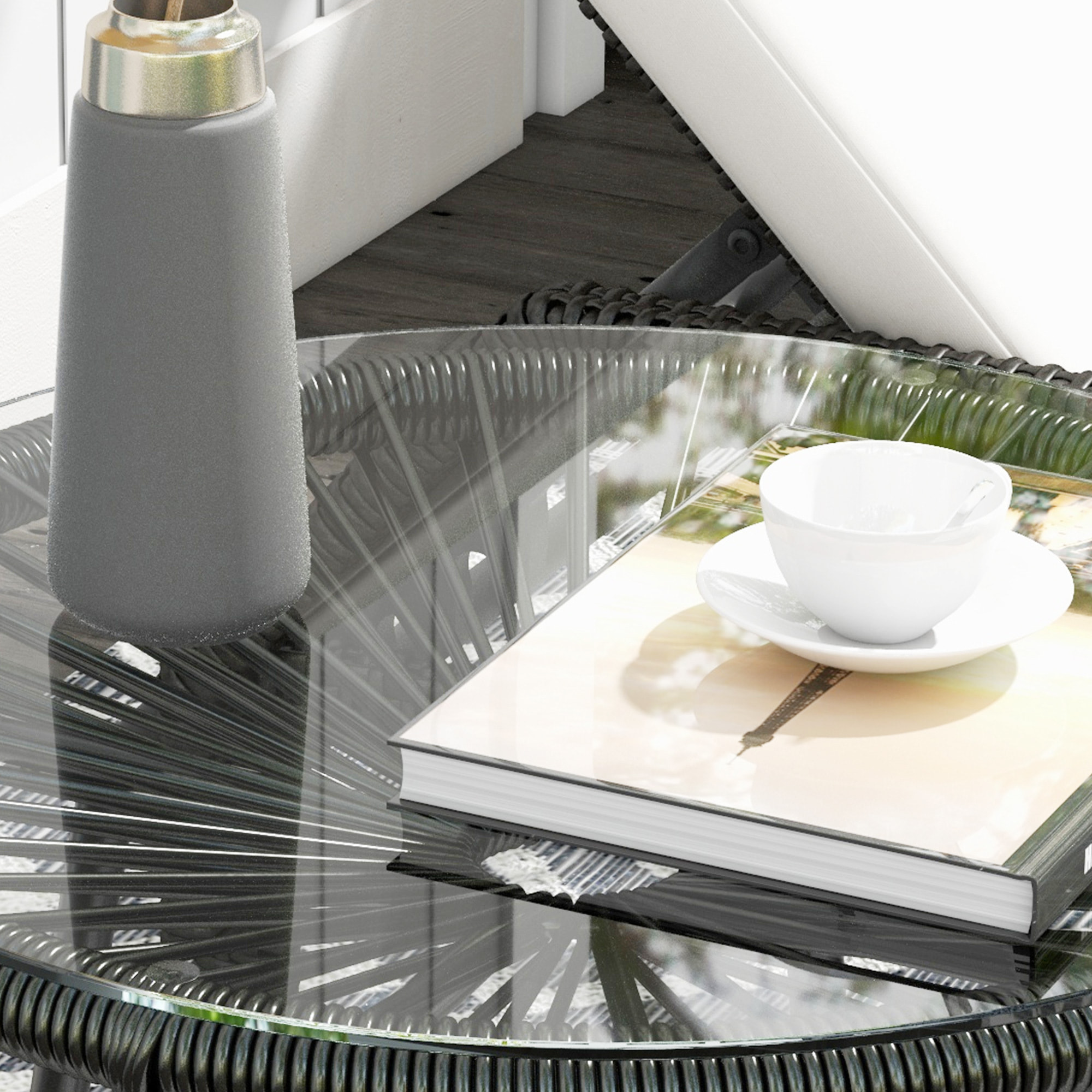 Table basse ronde de jardin en résine aspect rotin métal et plateau verre trempé Ø 50 x 50H cm noir