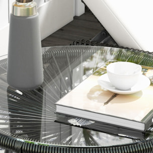 Table basse ronde de jardin en résine aspect rotin métal et plateau verre trempé Ø 50 x 50H cm noir