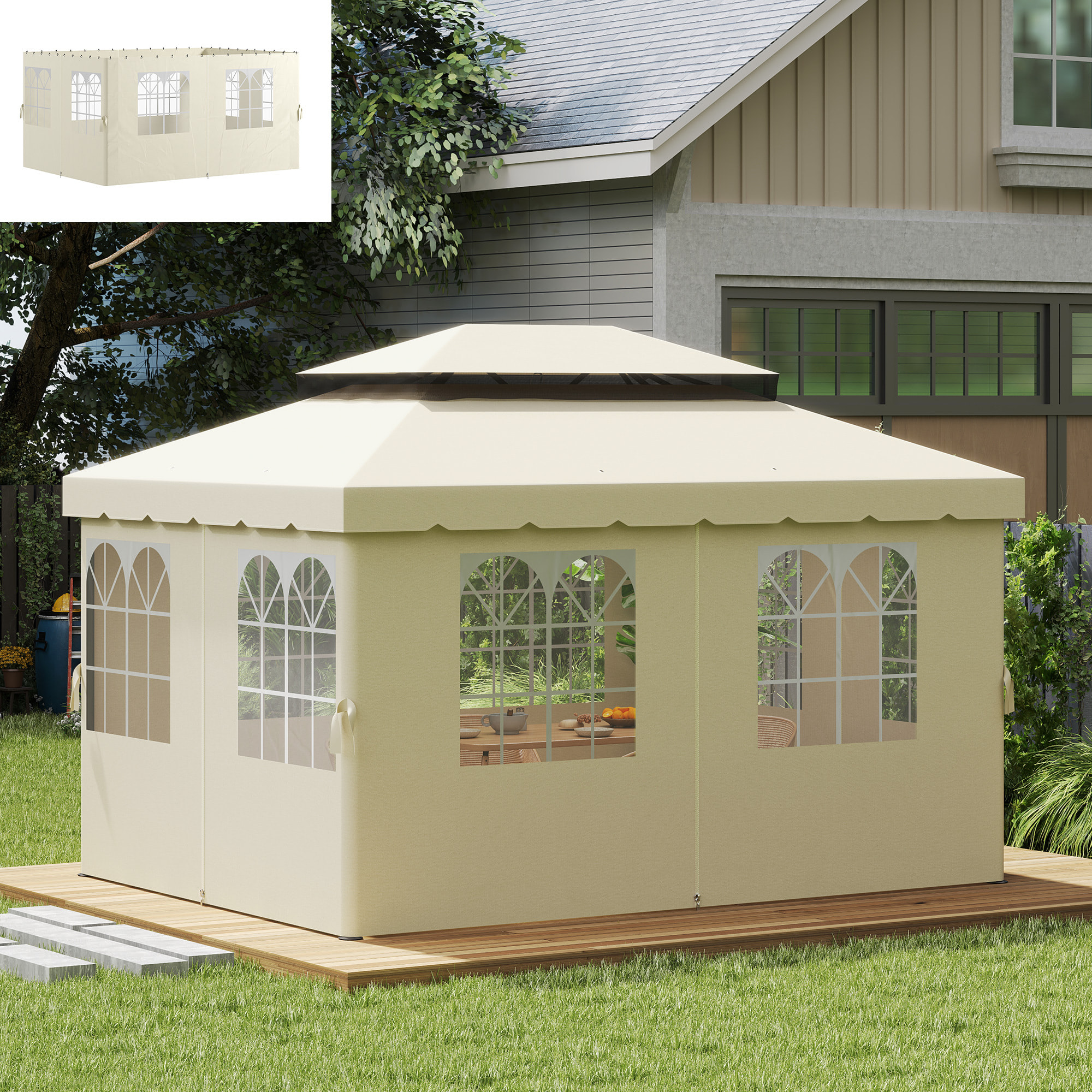 4 Paredes Laterales para Cenador 3x4 m Laterales de Carpa con Ganchos 8 Ventanas Protección UV Reemplazo Lateral para Carpa de Jardín Exterior Fiesta Crema