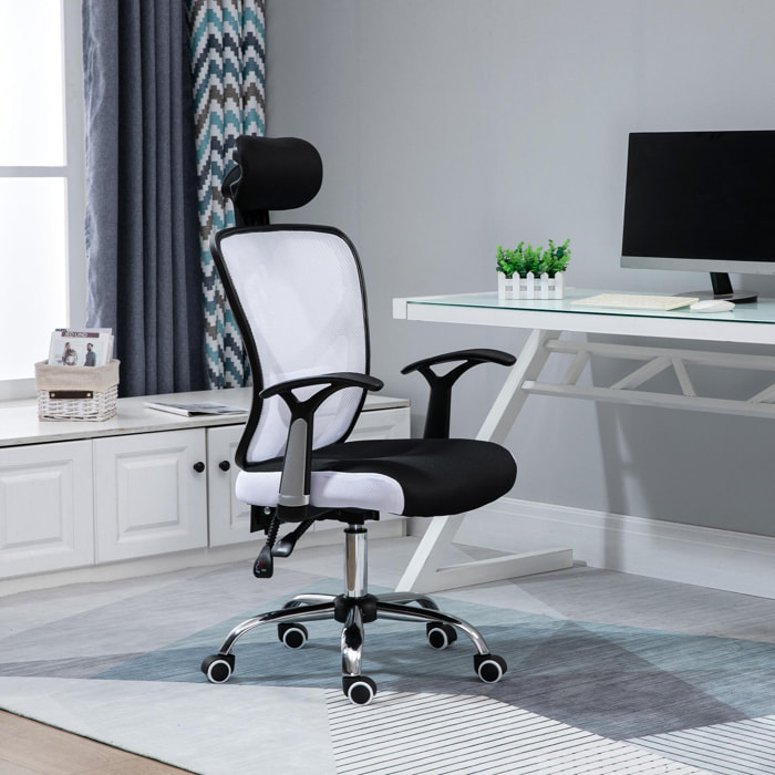 Vinsetto Silla de Oficina Ergonómica Silla Escritorio Giratoria con Altura Ajustable Función Reclinable Reposacabezas Regulable y Soporte Lumbar 65x67x108-118 cm Blanco