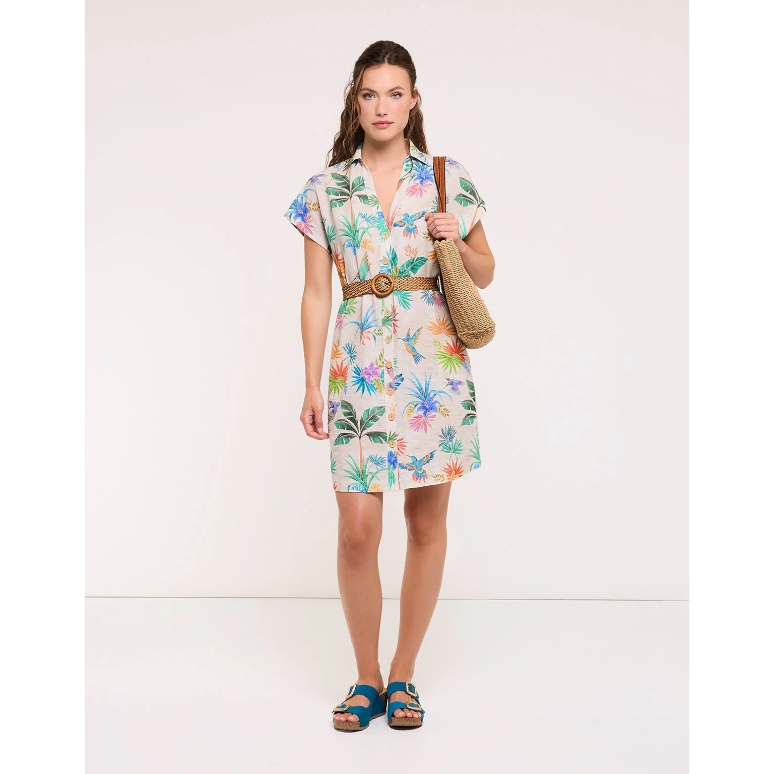 Vestido Camisero Colibríes con Cinturón - Calimea