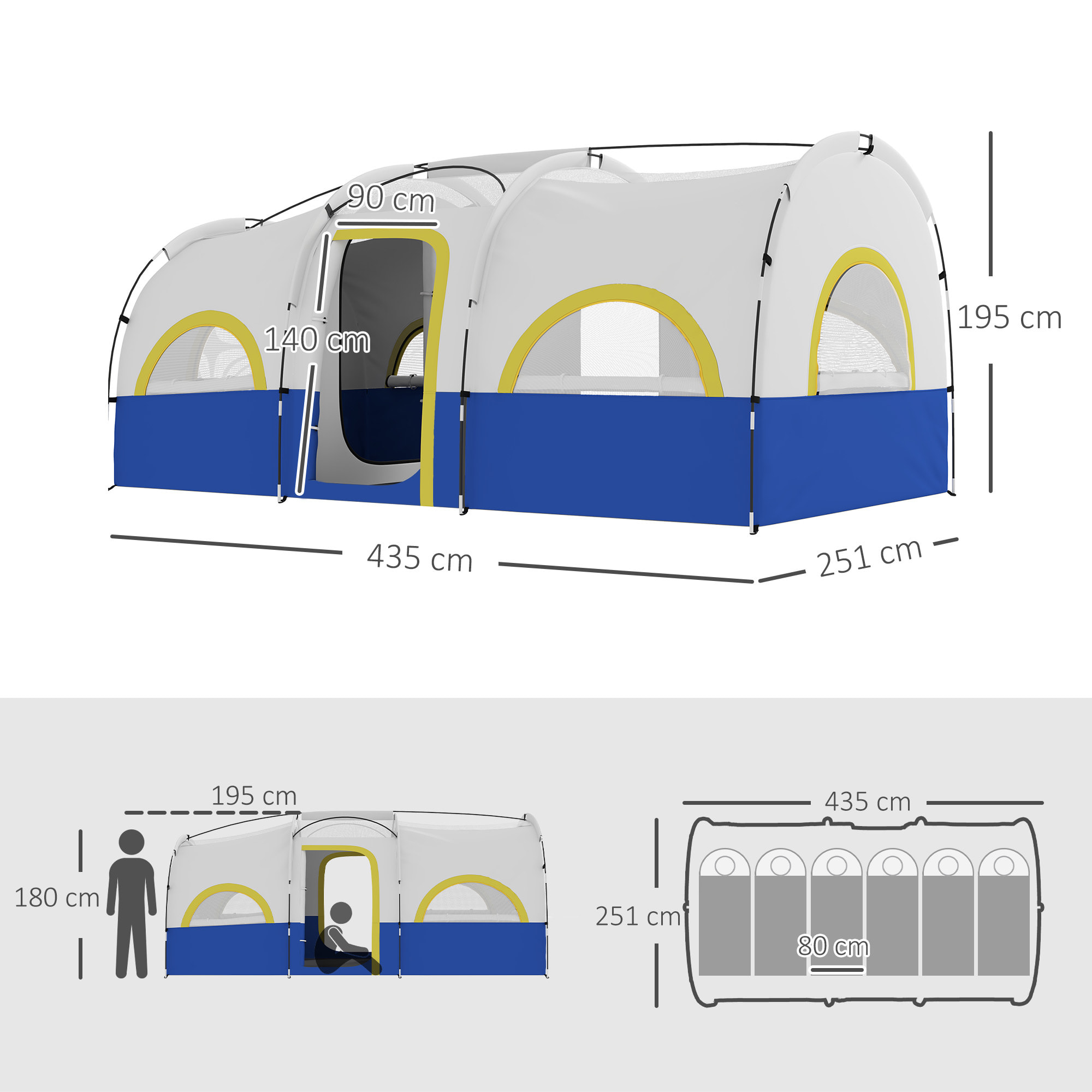 Tienda de Campaña Familiar tipo Túnel para de 4-6 Personas Impermeable 3000 mm Tienda de Camping Plegable con 2 Dormitorios Bolsa para Senderismo 435x251x195 cm Azul y Blanco
