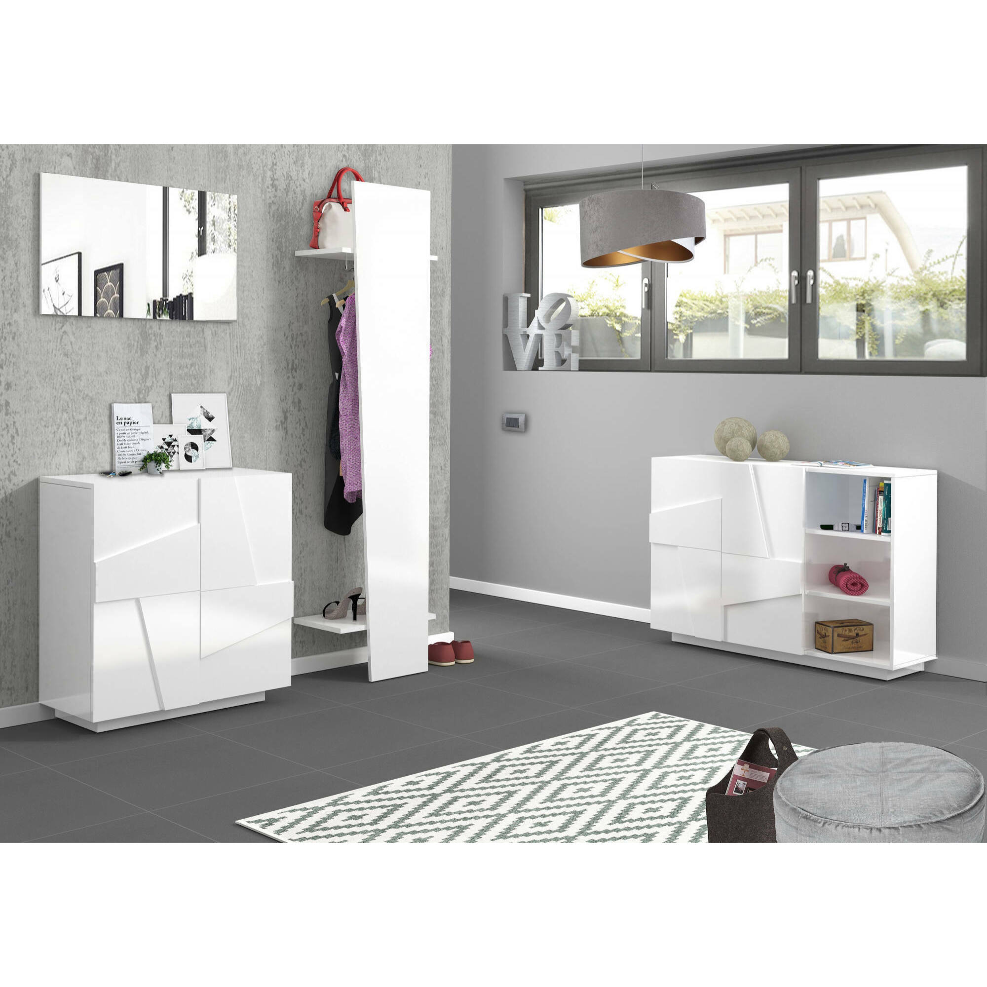 Mobile da ingresso Allinko, Entratina moderna multifunzione, Armadietto multiuso per atrio, 100% Made in Italy, cm 50x30h200, Bianco lucido laccato
