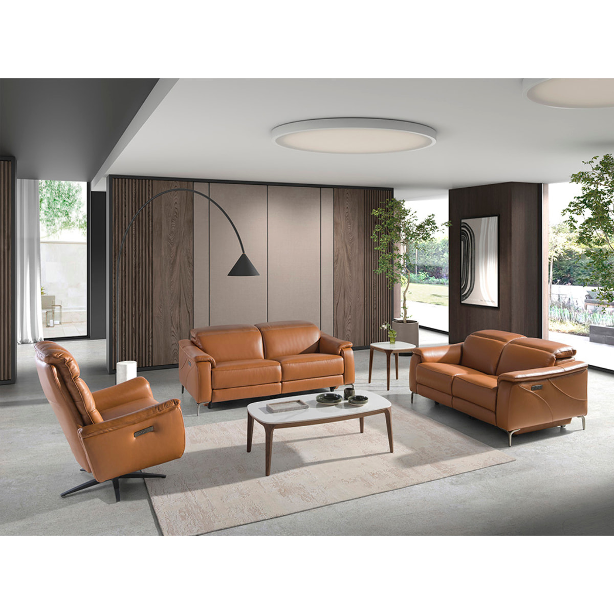 Mesa centro ovalada barril con tapa de mármol porcelánico blanco con vetas en gris brillo y unas patas de madera chapada en nogal natural 119x65x41cm