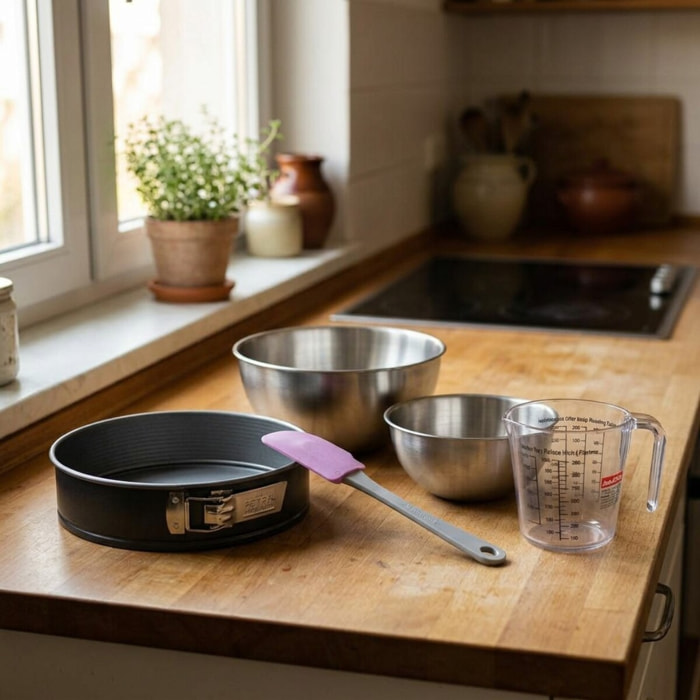 Set pâtisserie avec moule à manqué acier, 2 bols à mixer, verre mesureur et spatule Zenker