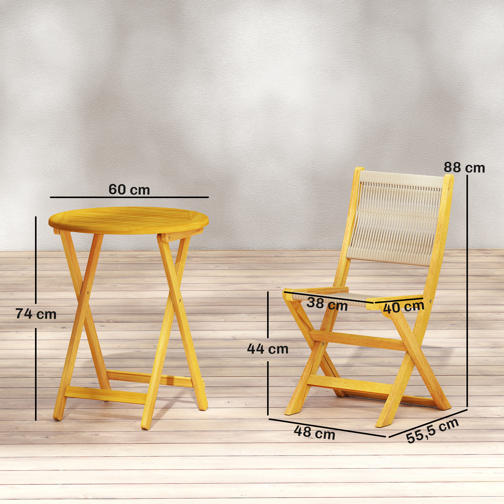 Conjunto de Mesa y Sillas de Terraza Exterior de Madera 3 Piezas, Muebles de Jardín Exterior con 2 Sillas Plegables, Asiento Respaldo de Cuerda PP, Mesa Redonda para Patio, Balcón, Natural