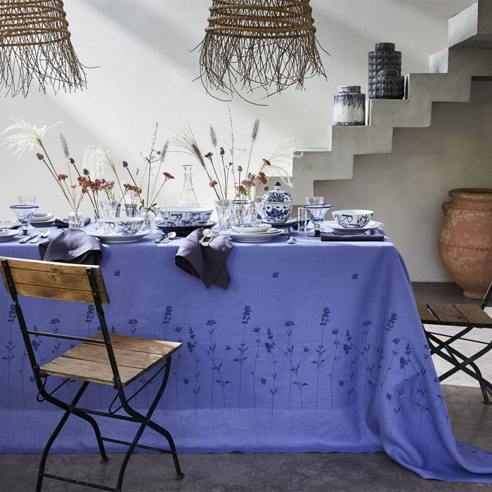 Nappe unie brodée en lin, Infusion, Bleu