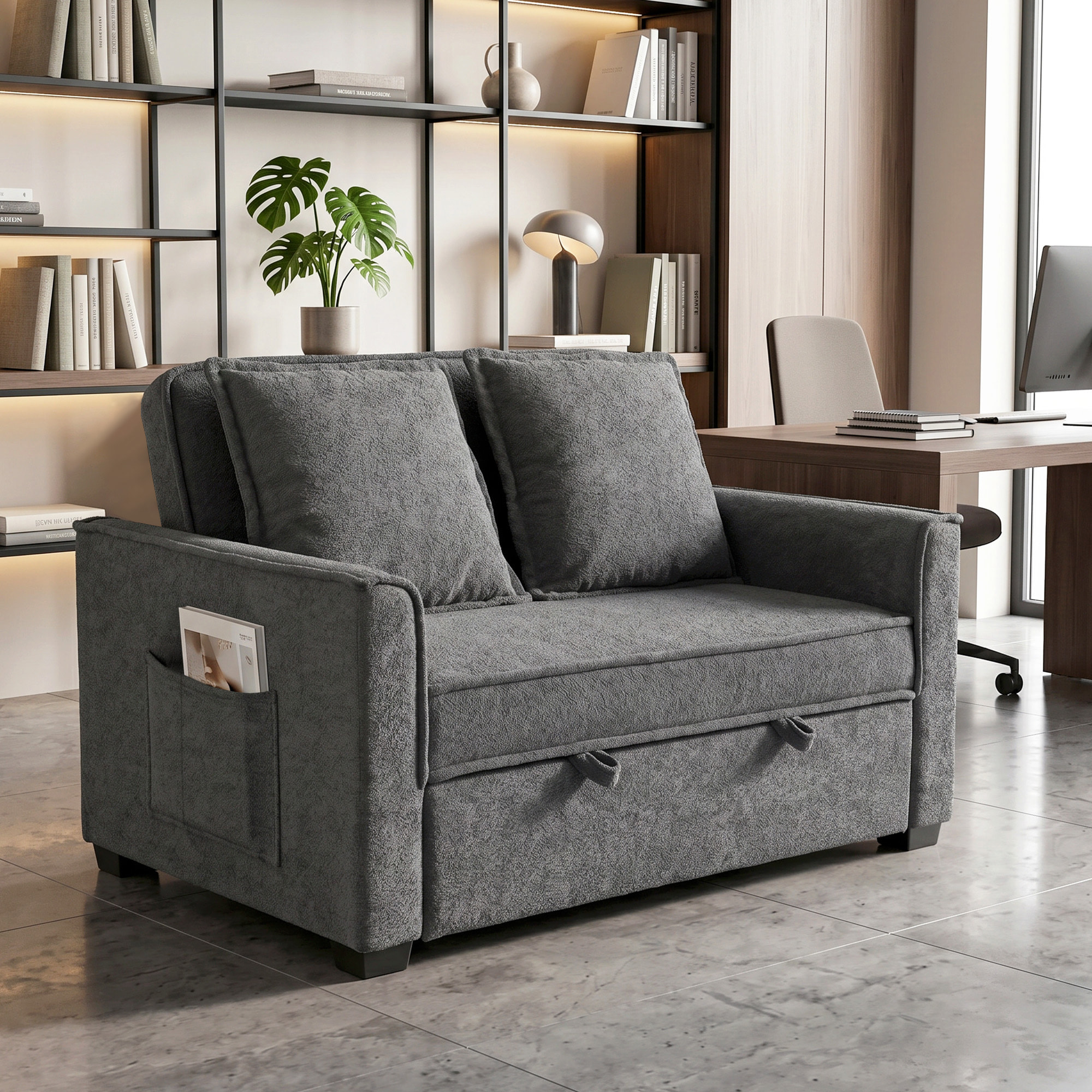 Sofá Cama 2 Plazas 3 en 1, Sofá Cama de Tejido Rizo con Respaldo Ajustable 3 Niveles, Bolsillos Laterales, 2 Almohadas con Fundas Extraíbles para Sala de Estar, Espacios Pequeños, Gris Oscuro