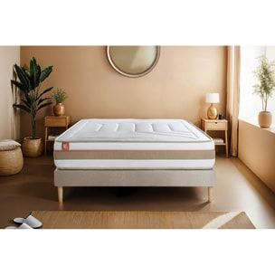 Ensemble Matelas Le Tendre - 28cm - Ressorts ensachés et mémoire de forme - Enveloppant - Sommier Tapissier Beige