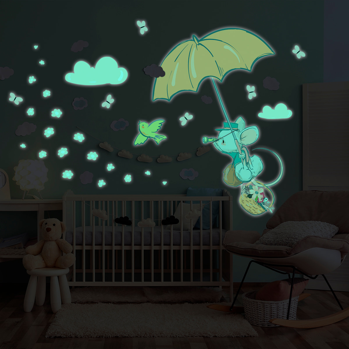 Sticker phosphorescent lumineux - SOURIS EN PARAPLUIE