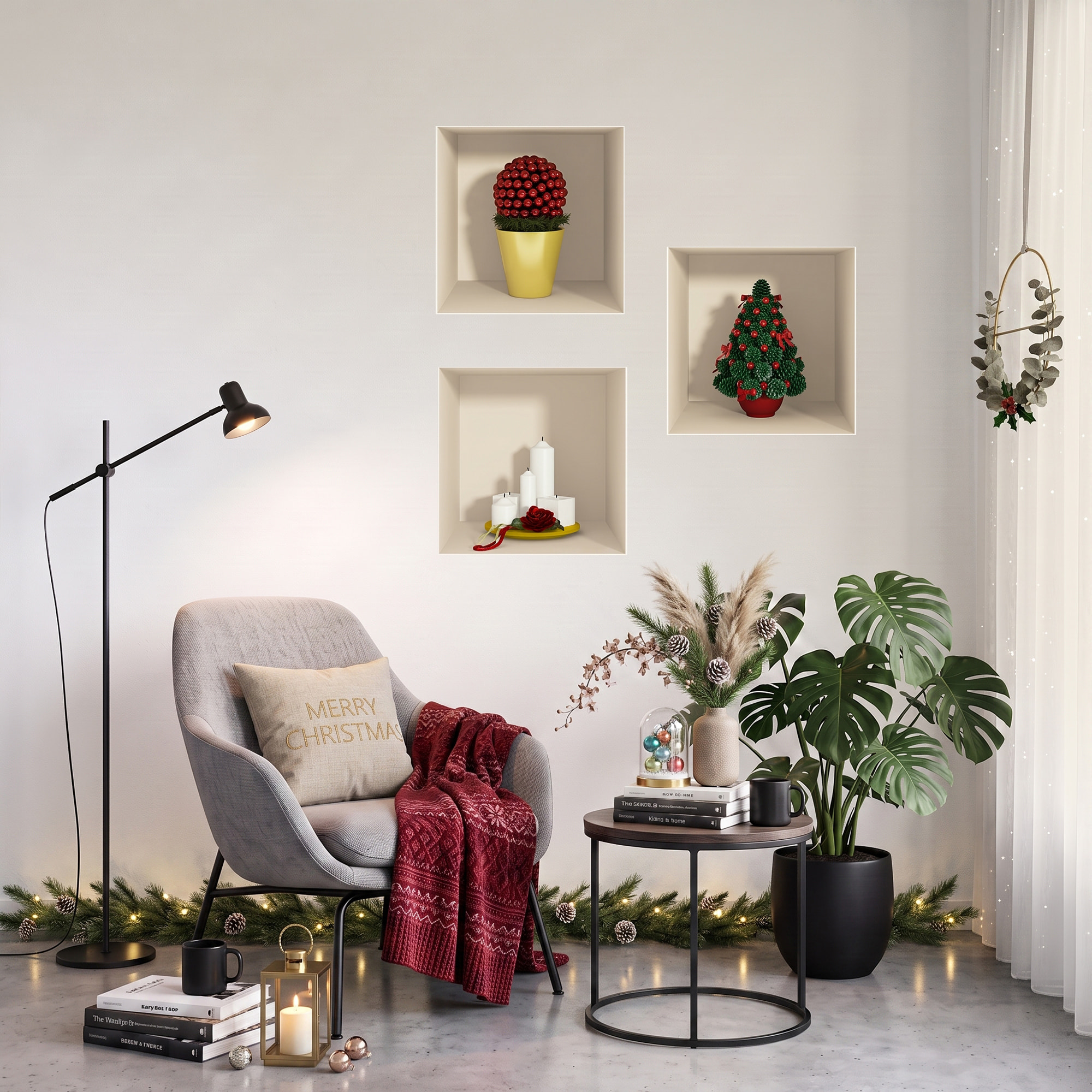 Stickers muraux 3D | Sticker Mural Autocollant effet 3D Noël sapin et bougies - Stickers adhésifs 3D Chambre Salon Trompe l'oeil