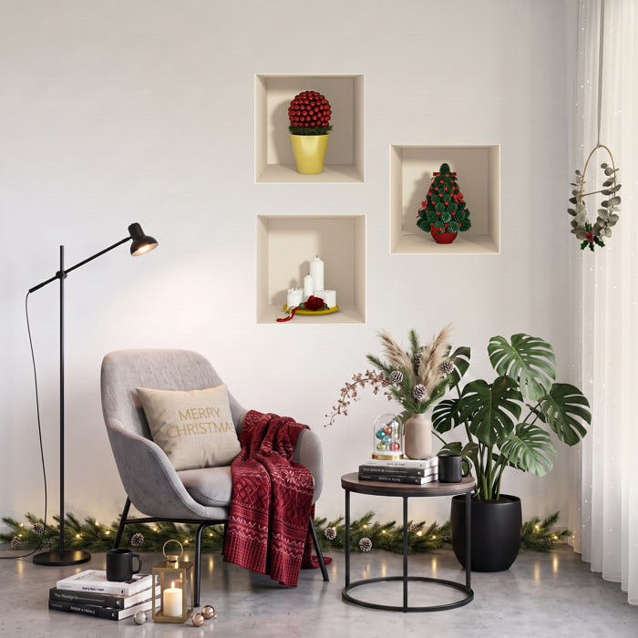 Stickers muraux 3D | Sticker Mural Autocollant effet 3D Noël sapin et bougies - Stickers adhésifs 3D Chambre Salon Trompe l'oeil