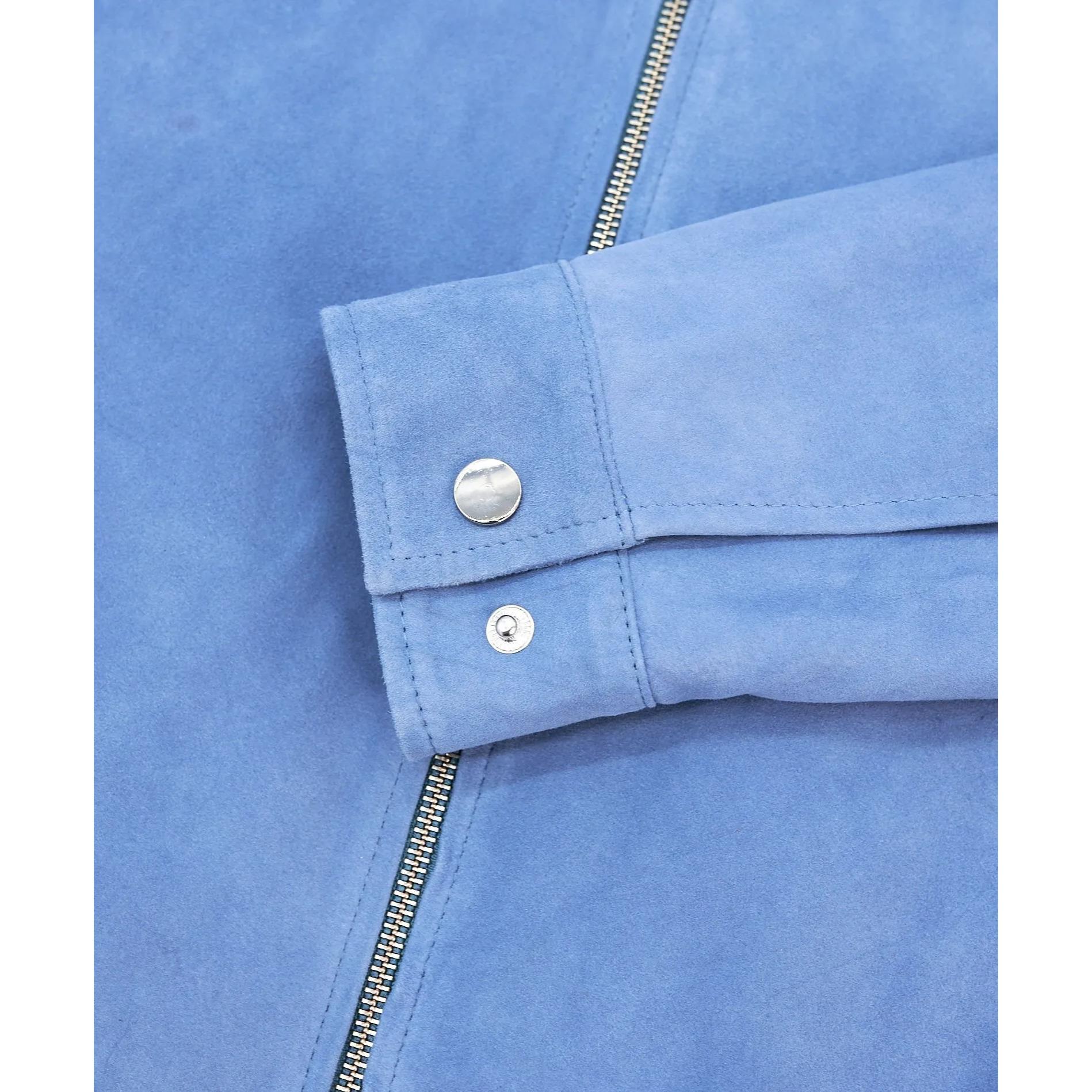 Giacca in pelle scamosciata blu denim con cerniera