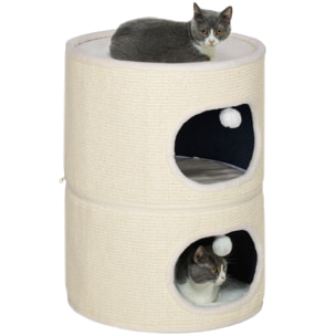 Tour pour chat modulable zippée 3 parties - tonneau griffoir chat 2 pompons - sisal naturel peluche crème