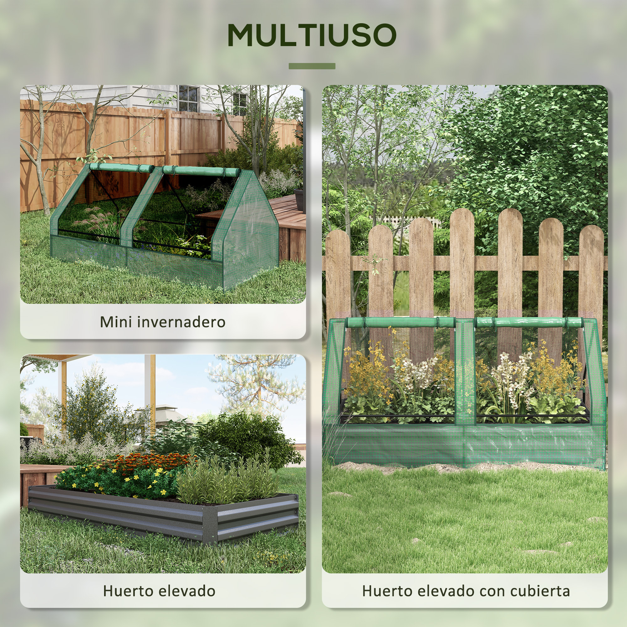 Jardinera Exterior Grande con Mini Invernadero, Huerto Urbano de Acero Galvanizado con Base Abierta, Resistente a la Intemperie, para Patio, Terraza, Balcón, 185x95x92 cm, Gris y Verde