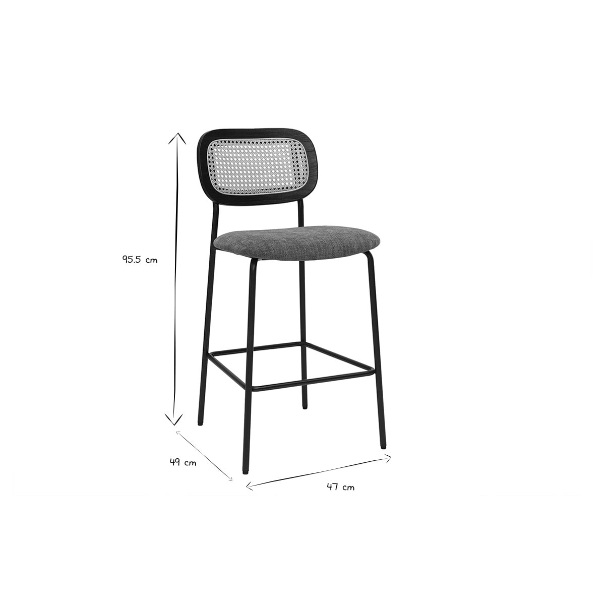 Tabourets design en tissu effet velours texturé terre brulée, métal noir et cannage rotin (lot de 2) MIRANDA
