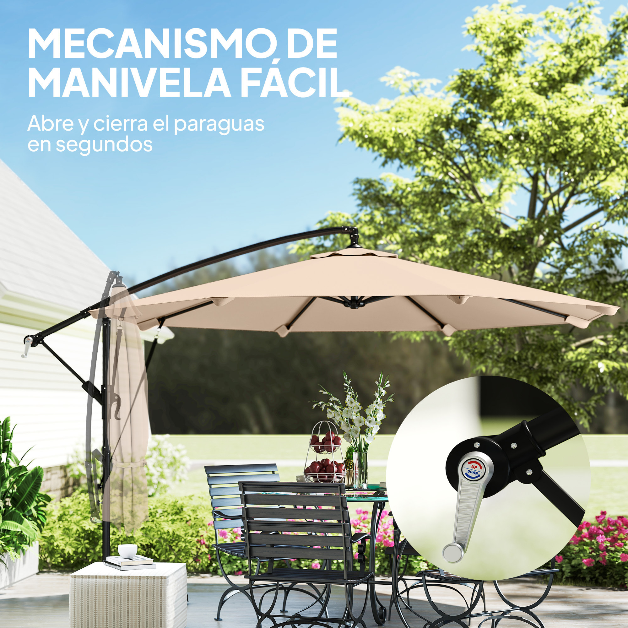 Parasol Excéntrico, Ø300 cm, Sombrilla de Jardín con Base Cruzada, Manivela, Funda Protectora y Cuerdas de Viento, UPF30+, para Terraza, Patio, Caqui