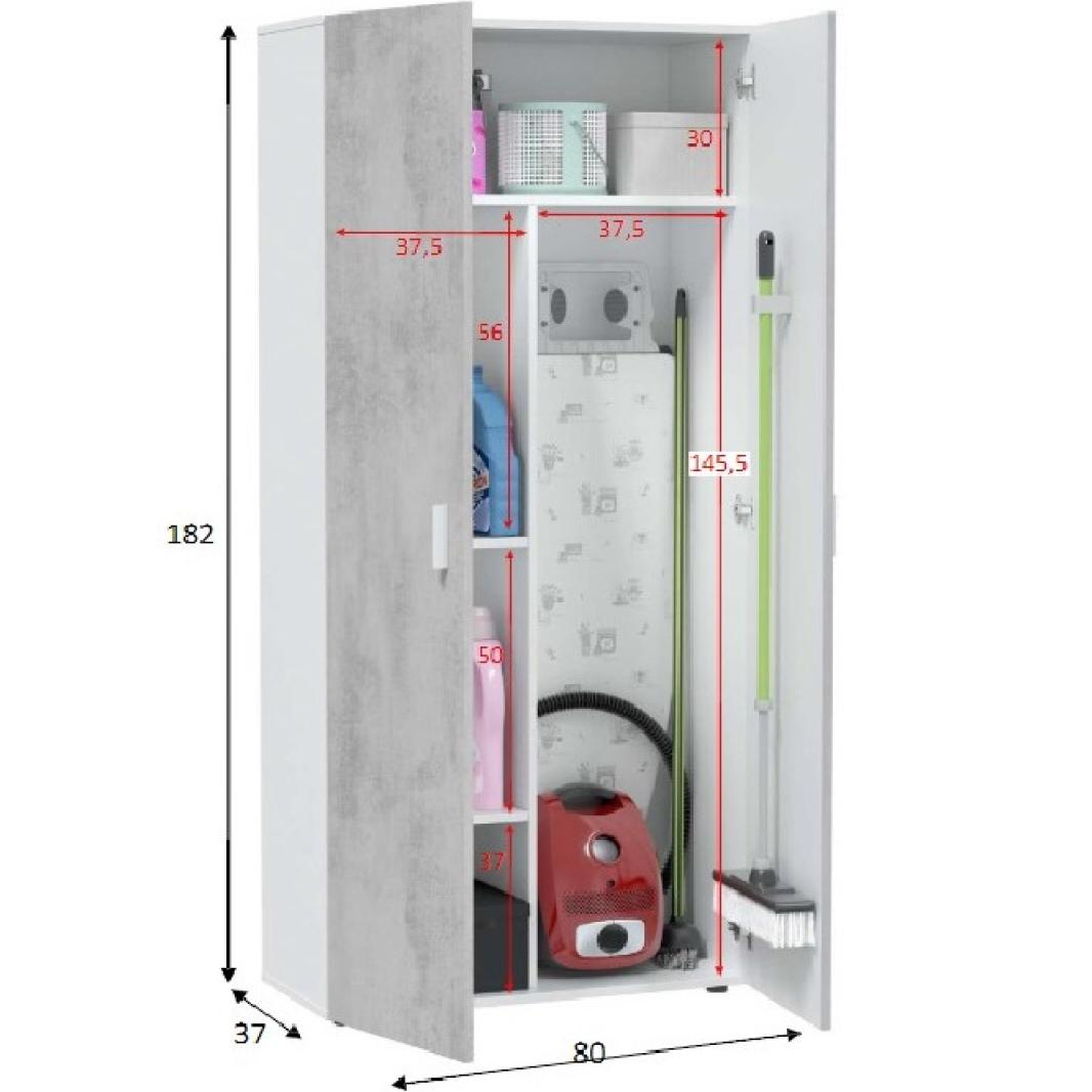 Armadio multiuso Irvine, Mobile ausiliario a 2 ante, Guardaroba portascope a 2 ante e 3 ripiani, cm 80x37h182, Cemento e Bianco