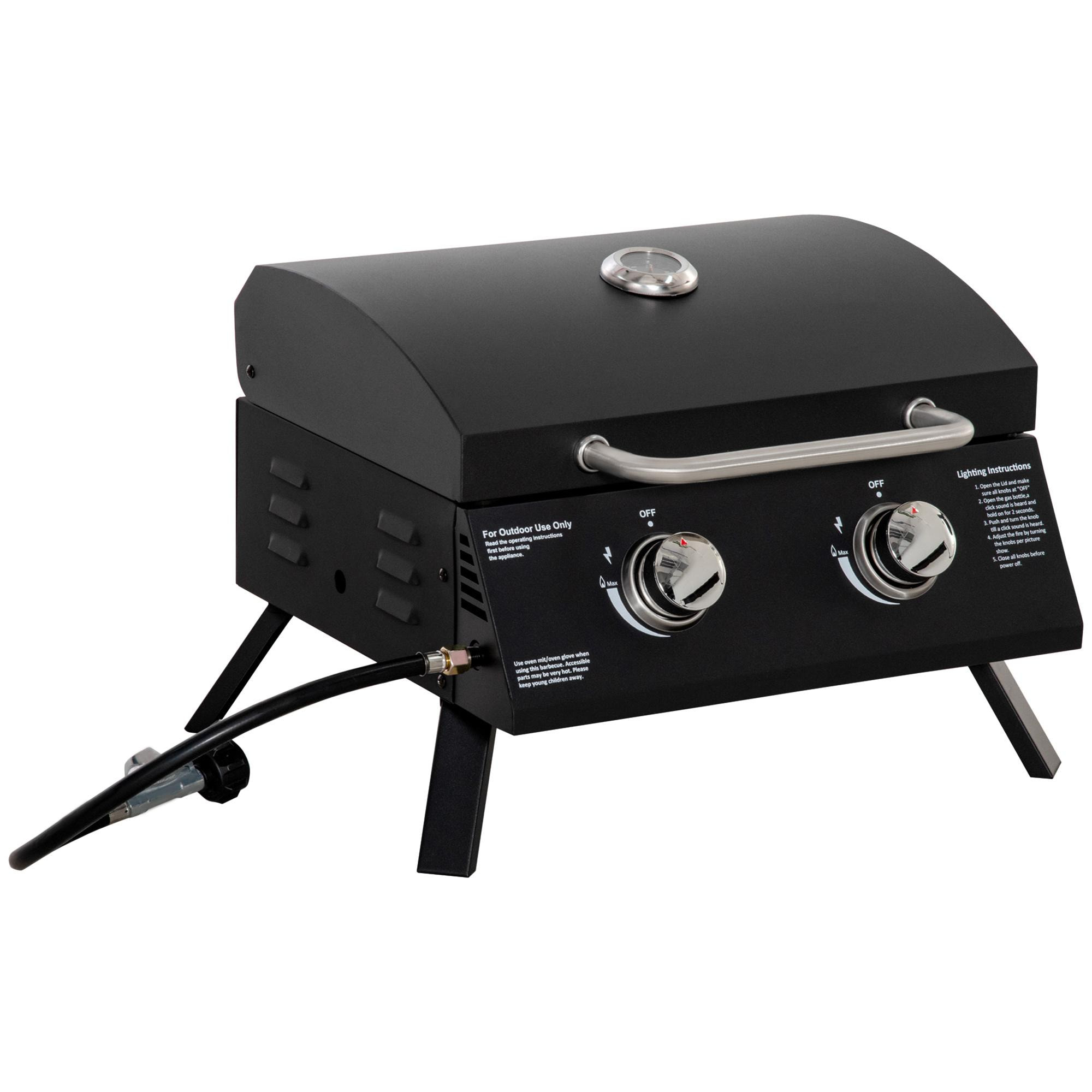 Barbecue gaz de table transportable pieds pliables - 2 brûleurs 5 kW - barbecue gaz de camping - grille de cuisson, réceptacle graisse, thermomètre - acier noir