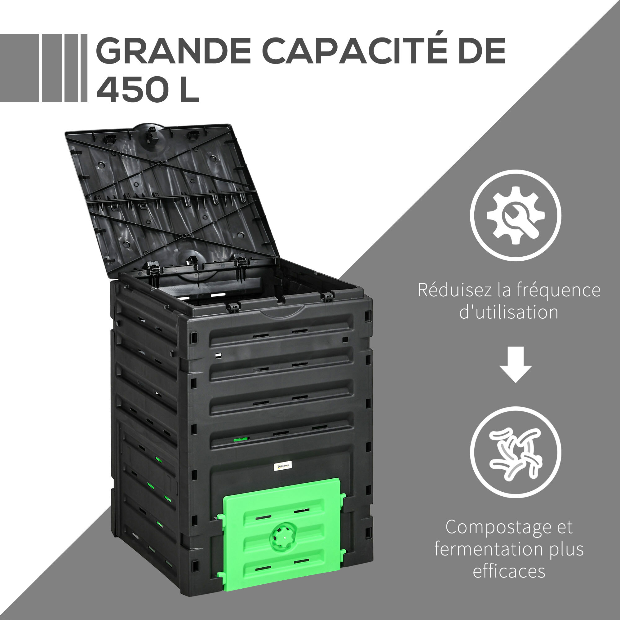 Composteur de jardin 450L 80 aérations 2 trappes coulissantes toit ouvrant noir vert