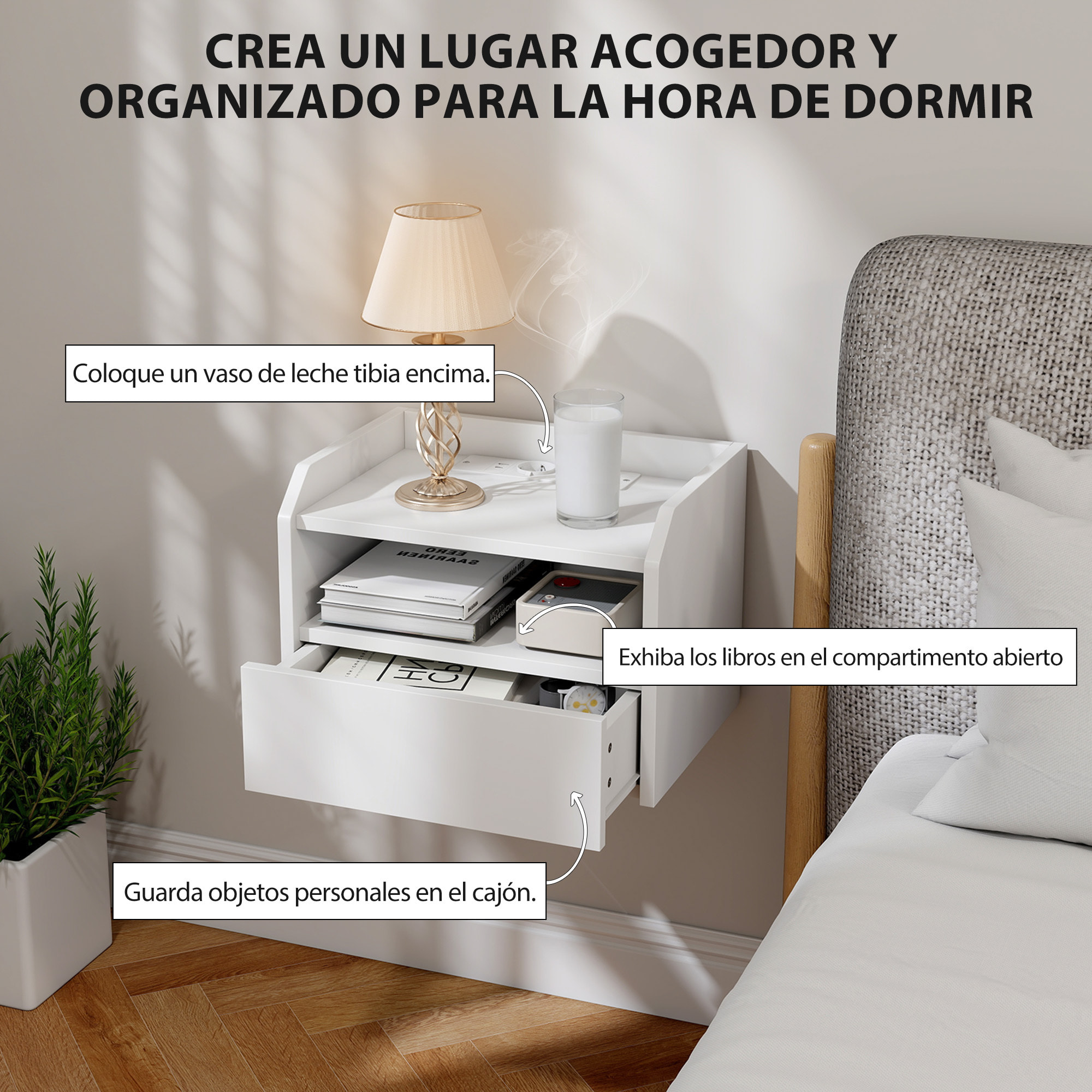 Juego de 2 Mesitas de Noche Flotantes con Estación de Carga, Mesillas de Noche Dormitorio, Cajón, Estante Abierto, Montado en la Pared, Estilo Moderno, para Sala de Estar, 40x29x29 cm, Blanco