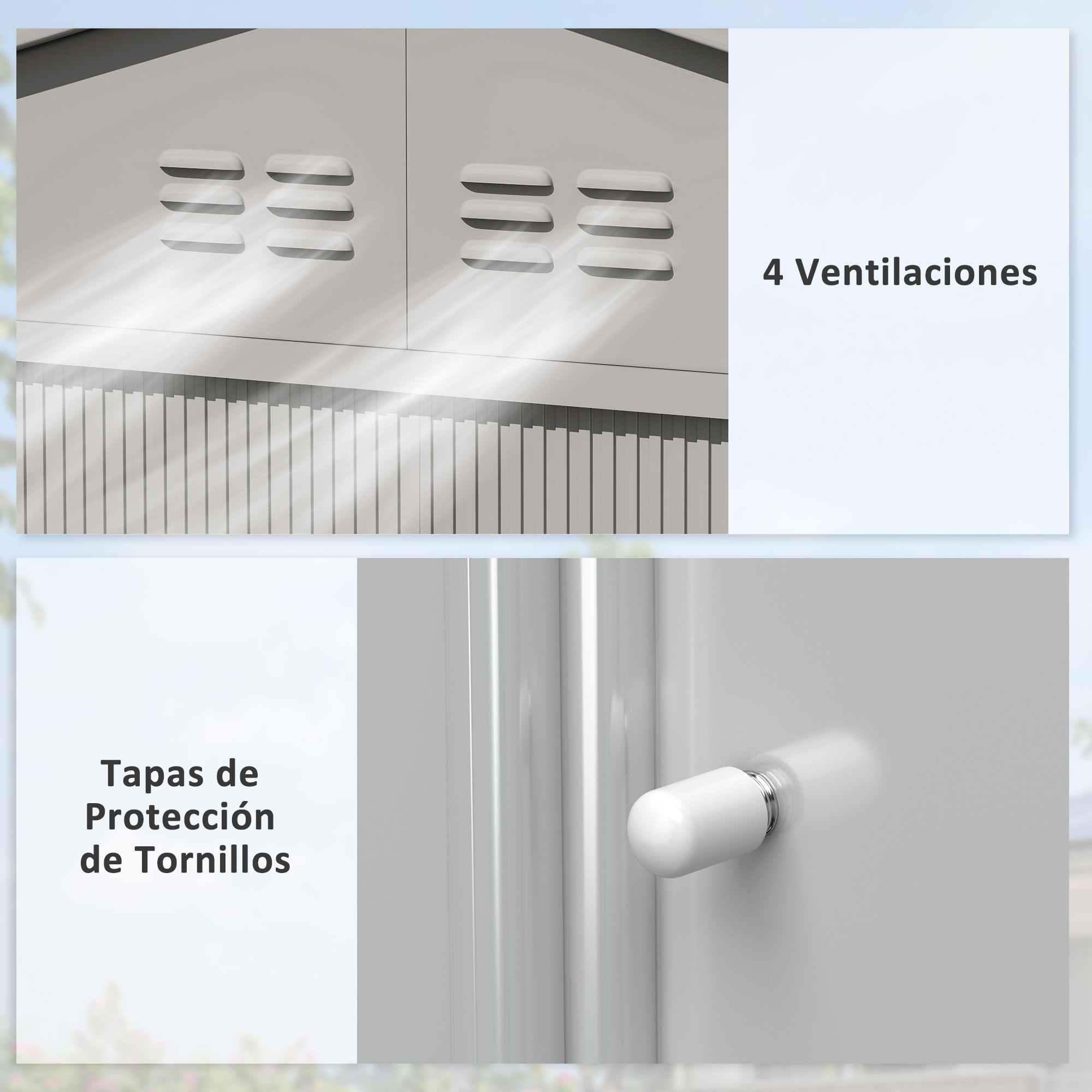 Caseta de Jardín Exterior 4,9 m² 277x195x192 cm Cobertizo de Jardín Exterior con Puerta Corredera Techo de Fibra de Vidrio Base Refuerzo (Suelo NO Incluido) y 4 Ventanas Gris Plata