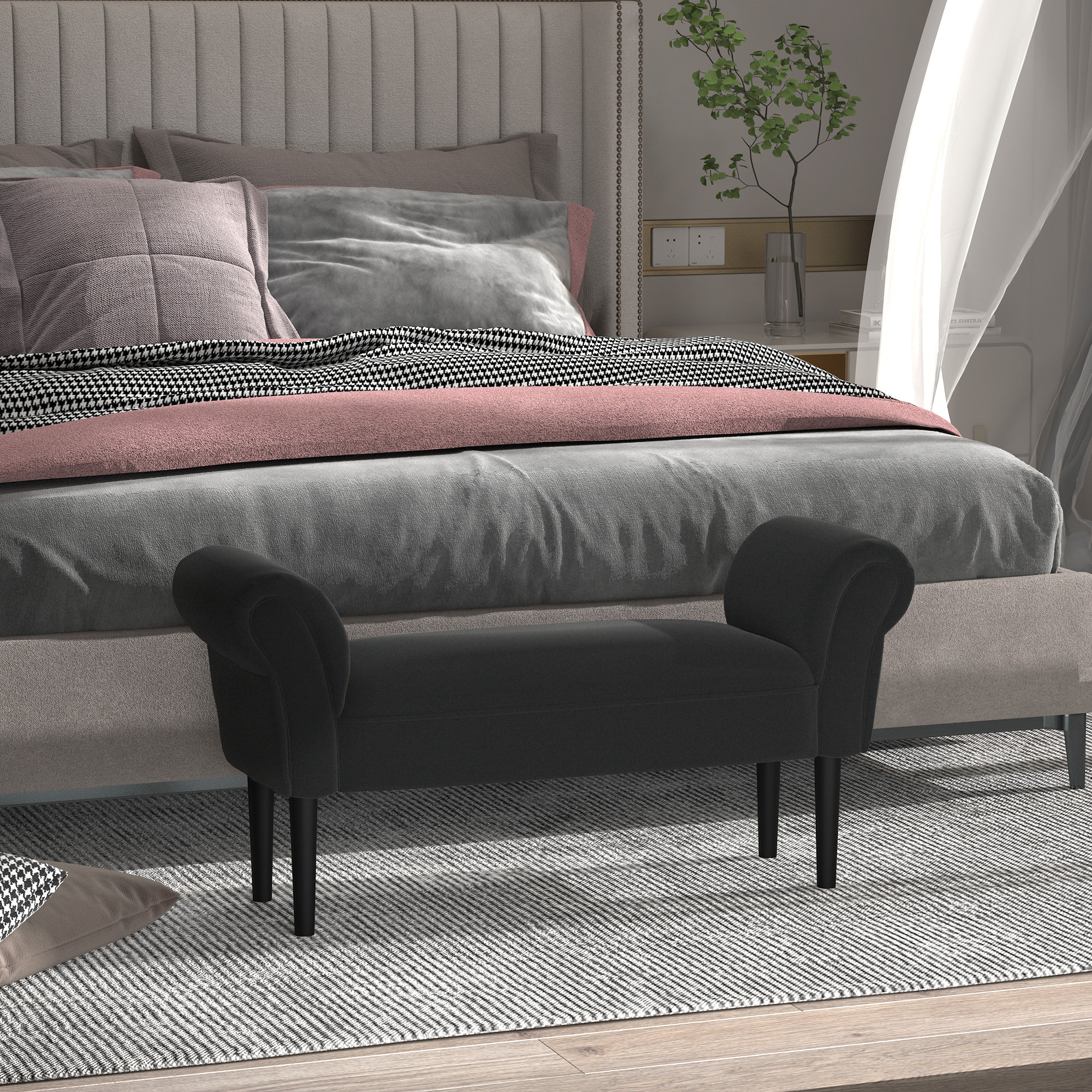 Taburete Pie de Cama con Brazos de Madera 102x31x51cm Negro