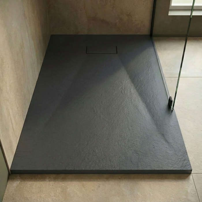 Essential 120x80 cm receveur de douche rectangulaire à poser SMC avec surface effet pierre, gris foncé (CERAES12080DG)